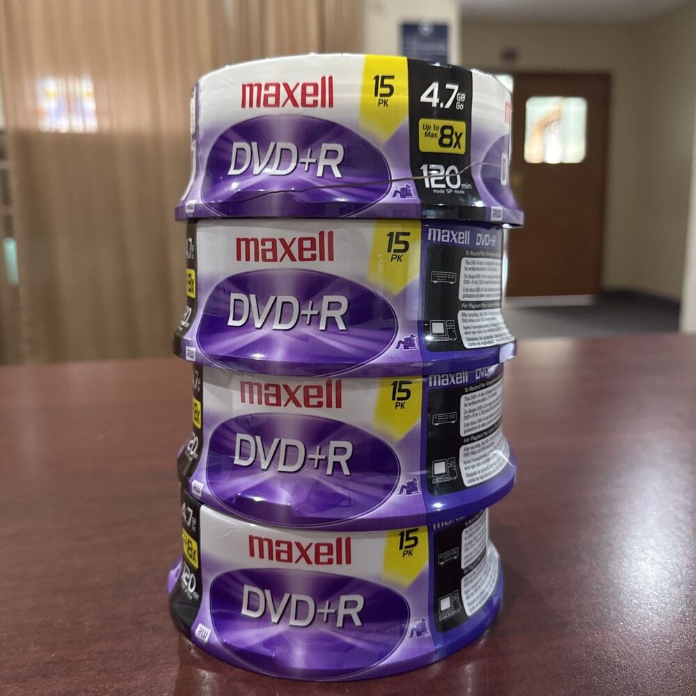 Maxell DVD+R 4.7 GB 120 Minute 16X Write Speed 15 Pack Disc Spindle - LOT OF 4